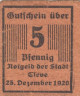  Бона. Германия. Клеве 5 пфеннигов 1920 год. Нотгельд. (F) 