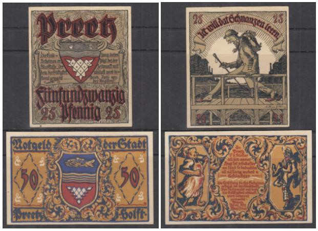  Набор банкнот. Германия. Прец (Гольштейн) 25 и 50 пфеннигов 1921 год. Нотгельды, 2 штуки. (VF) 