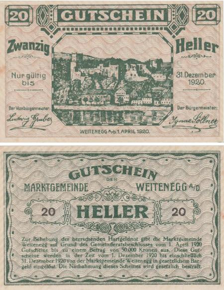  Бона. Австрия. Вайтенегг 20 геллеров 1920 год. Нотгельд. (XF) 