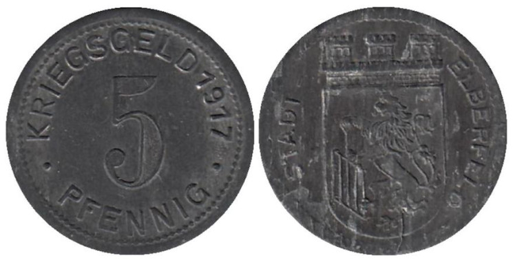  Германия. Эльберфельд. 5 пфеннигов 1917 год. Нотгельд. 