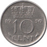  Нидерланды. 10 центов 1950 год. Королева Юлиана. 