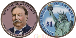США. 1 доллар 2013 год. 27-й президент Уильям Говард Тафт (1909–1913). цветное покрытие.