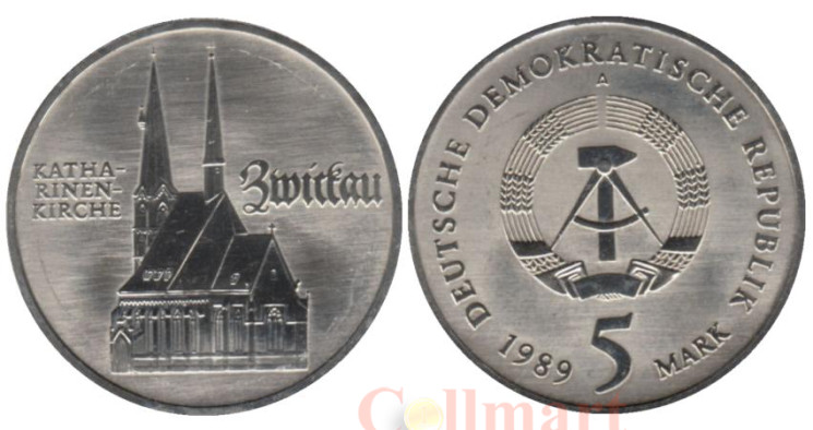  ГДР. 5 марок 1989 год. 500 лет со дня рождения Томаса Мюнцера, Церковь Св. Екатерины в Цвиккау. 