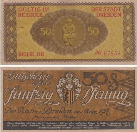  Бона. Германия. Дрезден 50 пфеннигов 1917 год. Нотгельд. (VF) 