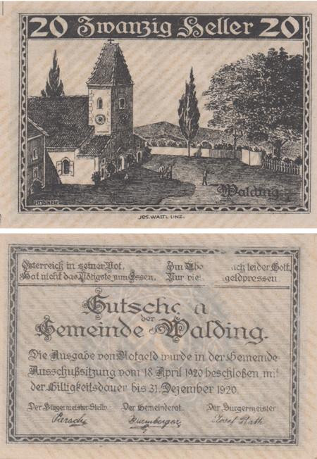  Бона. Австрия. Вальдинг 20 геллеров 1920 год. Нотгельд. (XF) 