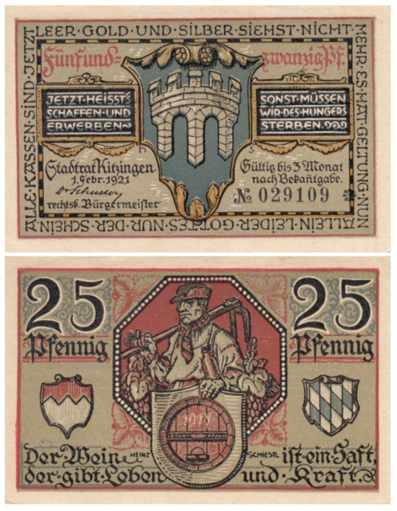  Бона. Германия. Китцинген 25 пфеннигов 1921 год. Житель города во время сбора винограда. Нотгельд. (XF) 