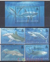 Набор марок. Остров Вознесения. Акулы. 4 марки + почтовый блок.
