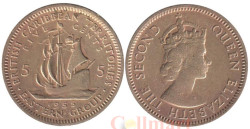 Восточные Карибы. 5 центов 1955 год. Галеон "Золотая лань" сэра Френсиса Дрейка.