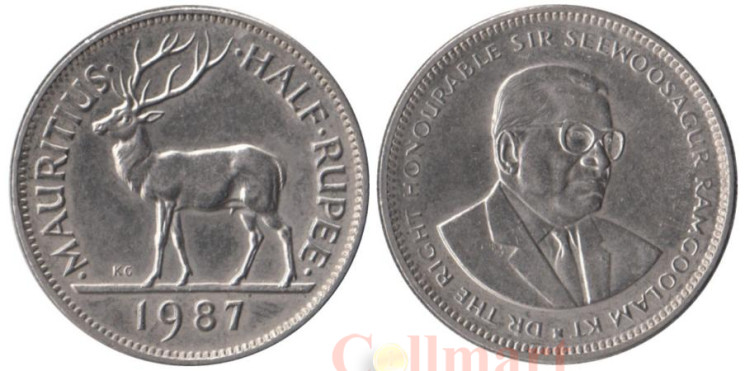  Маврикий. 1/2 рупии 1987 год. Олень. 