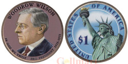 США. 1 доллар 2013 год. 28-й президент Томас Вудро Вильсон (1913–1921). цветное покрытие.