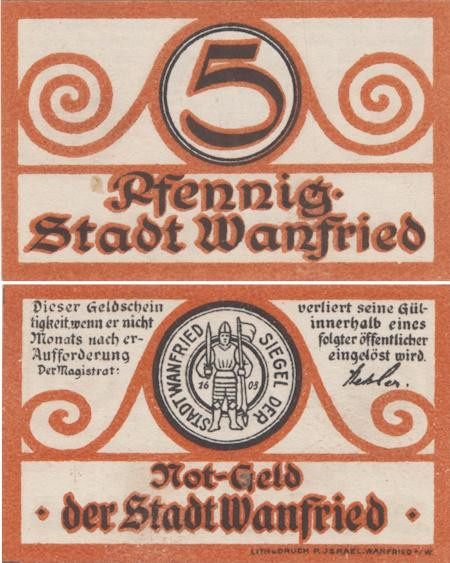  Бона. Германия. Ванфрид 5 пфеннигов 1920 год. Нотгельд. (XF) 