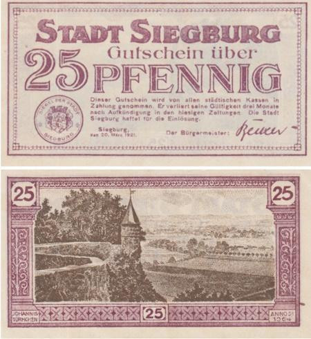  Бона. Германия. Зигбург 25 пфеннигов 1921 год. Нотгельд. (XF) 