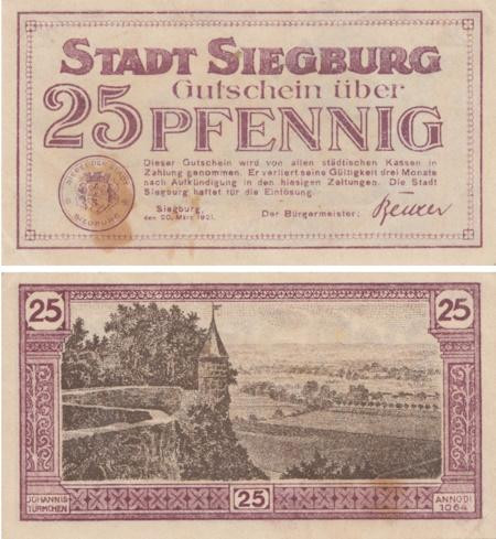  Бона. Германия. Зигбург 25 пфеннигов 1921 год. Нотгельд. (VF) 