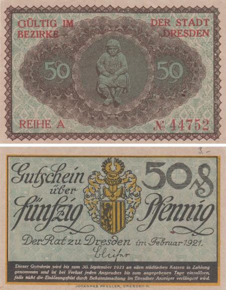  Бона. Германия. Дрезден 50 пфеннигов 1921 год. Нотгельд. (XF) 