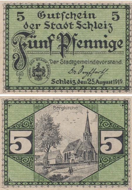  Бона. Германия. Шлайц (Тюрингия) 5 пфеннигов 1919 год. Нотгельд. (XF) 