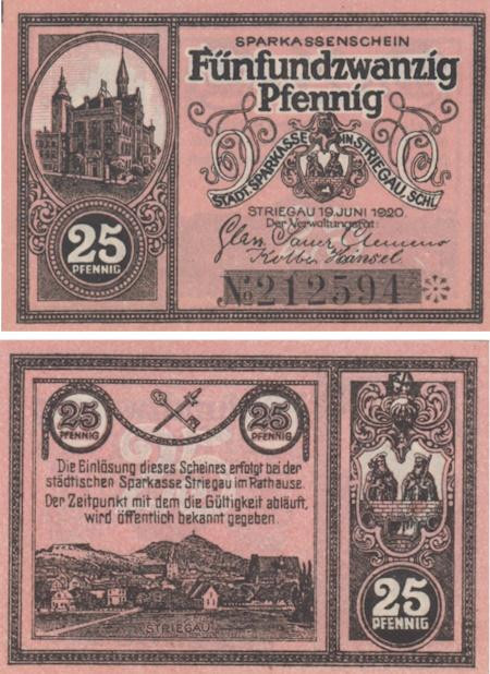  Бона. Германия (Польша). Стригау (Стшегом) 25 пфеннигов 1920 год. Нотгельд. (XF) 