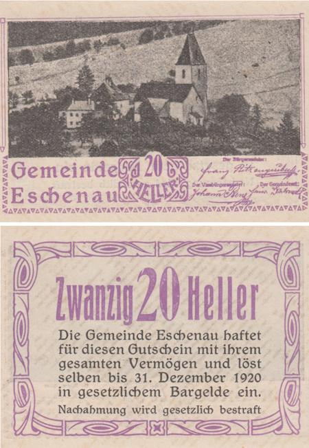  Бона. Австрия. Эшенау 20 геллеров 1920 год. Нотгельд. (XF) 