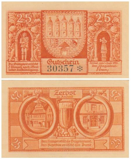  Бона. Германия. Цербст 25 пфеннигов 1921 год. Местные здания и пивной бокал (одноцветные). Нотгельд. (XF) 