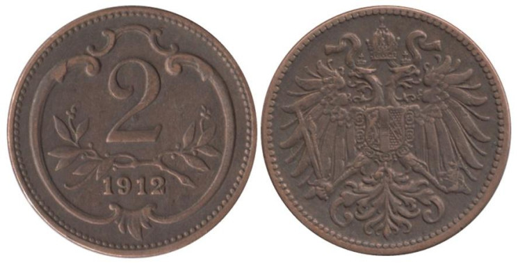 Австрия. 2 геллера 1912 год. 