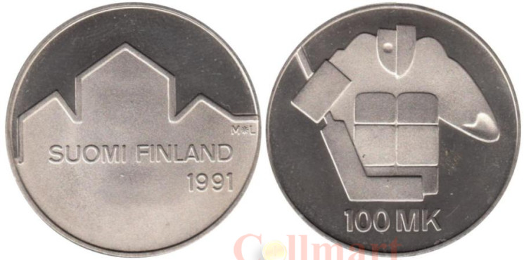  Финляндия. 100 марок 1991 год. Чемпионат мира по хоккею. 