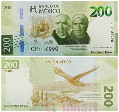  Бона. Мексика 200 песо 2019 год. Мигель Идальго и Кастилия, Хосе Мария Морелос. (Пресс) 