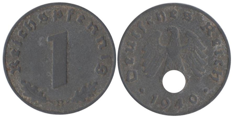  Германия - Третий рейх. 1 рейхспфенниг 1940 год. Цинк. (B) 