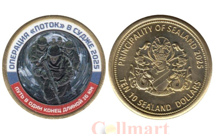  Памятный жетон. Силенд. 10 долларов 2025 год. Операция "Поток" в Судже 2025. (цветное покрытие) 