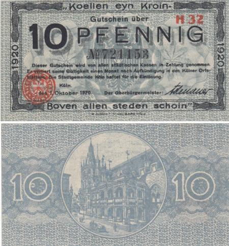  Бона. Германия. Кёльн 10 пфеннигов 1920 год. Нотгельд. (XF) 