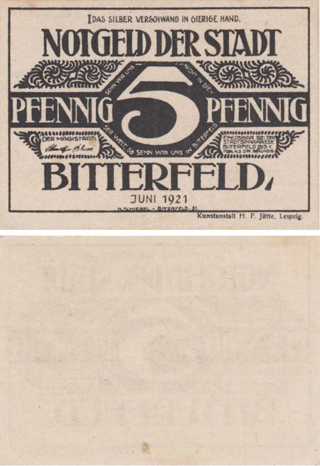  Бона. Германия. Биттерфельд 5 пфеннигов 1921 год. Нотгельд. (XF) 