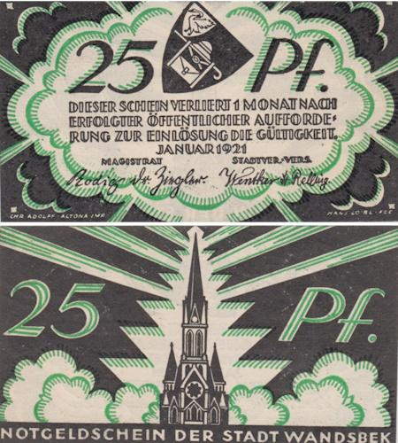 Бона. Германия. Вандсбек 25 пфеннигов 1921 год. Нотгельд. (XF) 