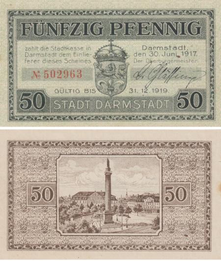  Бона. Германия. Дармштадт 50 пфеннигов 1917 год. Нотгельд с номером. (VF) 