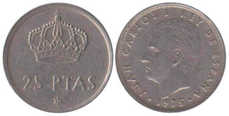 Испания. 25 песет 1975 год. Король Хуан Карлос I. (77 внутри звезды) 