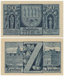 Бона. Германия. Цербст 50 пфеннигов 1921 год. Cтарая ратуша и новая ратуша, литера Z (одноцветные). Нотгельд. (XF)