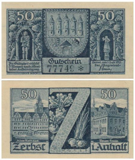  Бона. Германия. Цербст 50 пфеннигов 1921 год. Cтарая ратуша и новая ратуша, литера Z (одноцветные). Нотгельд. (XF) 