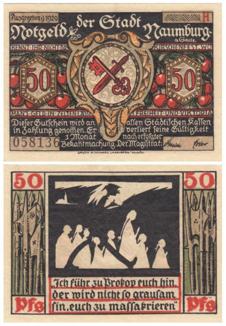  Бона. Германия. Наумбург 50 пфеннигов 1920 год. Аверс с вишенками, литера H. Нотгельд. (XF) 