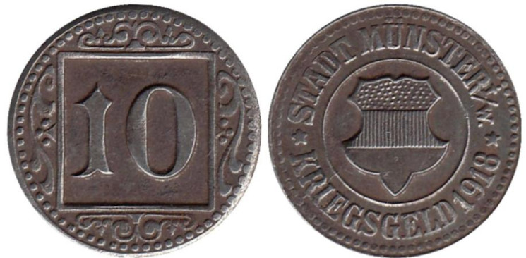  Германия. Мюнстер. 10 пфеннигов 1918 год. Нотгельд. 