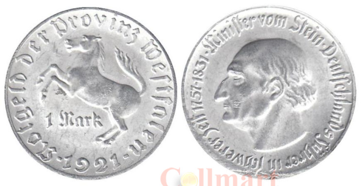  Германия. Вестфалия. 1 марка 1921 год. Лоренц фон Штейн. Нотгельд. 