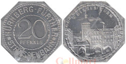 Германия. Нюрнберг-Фюртер. 20 пфеннигов без года выпуска. Белая башня (Вайсер Турм) на площади Людвига Лоренца. Нотгельд трамвайный.