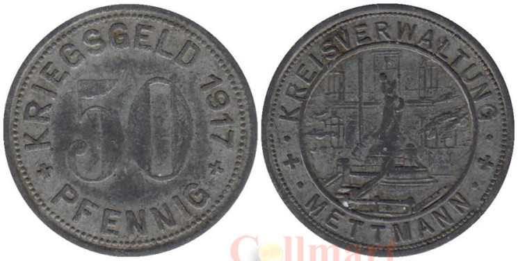  Германия. Меттман. 50 пфеннигов 1917 год. Памятник. Нотгельд. 