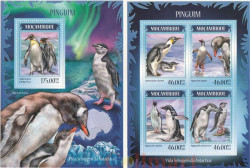 Почтовый блок + малый лист. Мозамбик. Дикая природа Антарктики - пингвины (2014).
