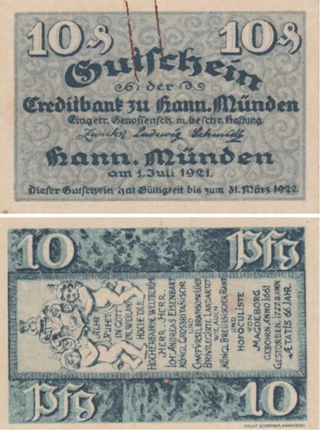  Бона. Германия. Мюнден 10 пфеннигов 1921 год. Нотгельд. (XF) 