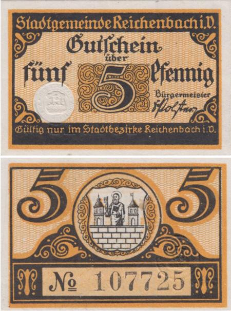  Бона. Германия. Райхенбах-им-Фогтланд 5 пфеннигов 1919 год. Нотгельд. (XF) 