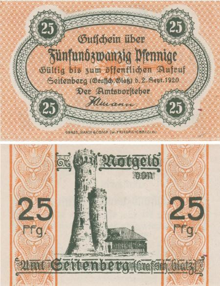  Бона. Германия (Польша). Зайтенберг (Строне-Слёнске) 25 пфеннигов 1920 год. Нотгельд. (XF) 