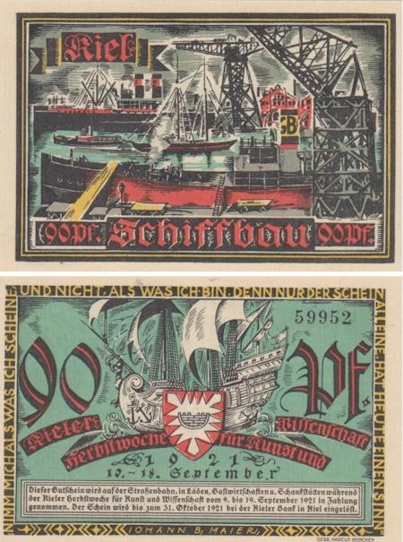  Бона. Германия. Киль 90 пфеннигов 1921 год (вариант 1). Нотгельд. (XF) 
