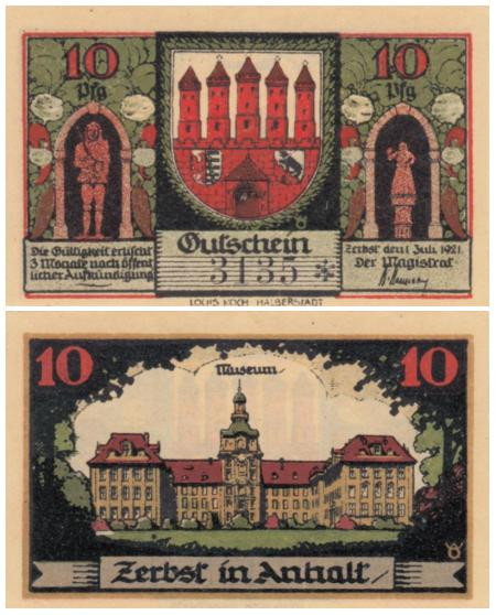 Бона. Германия. Цербст 10 пфеннигов 1921 год. Историческое здание музея (многоцветные). Нотгельд. (XF) 