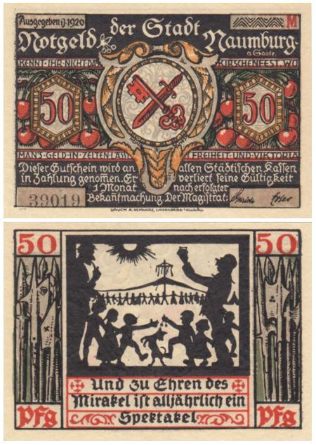  Бона. Германия. Наумбург 50 пфеннигов 1920 год. Аверс с вишенками, литера M. Нотгельд. (XF) 