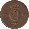  Швеция. 2 эре 1953 год. Король Густав VI Адольф. 