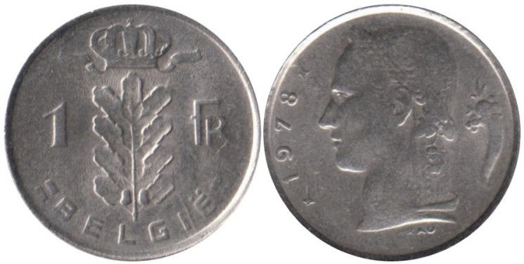 Бельгия. 1 франк 1978 год. Надпись на голландском - BELGIË. 