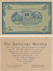 Бона. Австрия. Маннинг 20 геллеров 1920 год. Нотгельд. (VF)