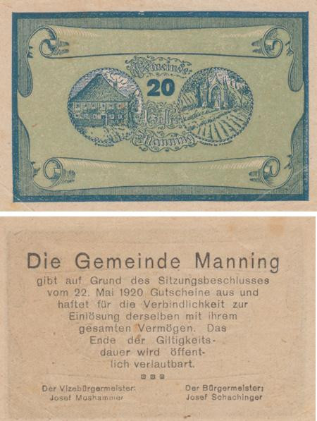  Бона. Австрия. Маннинг 20 геллеров 1920 год. Нотгельд. (VF) 